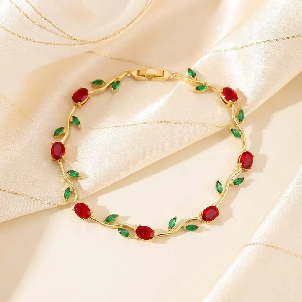 Tulip Harmony — Rubis & Émeraude — Dorée — flat lay